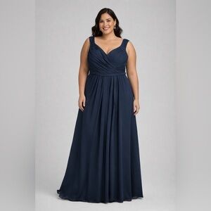 Azazie Zapheira Women's Sz A16 Dark Navy A-Line V Neck Ruched Chiffon Dress